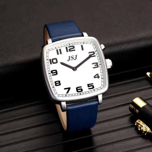 Square English Talking Watch with Alarm,Talking Date and Time,White Dial,Blue Leather Band TESW-1705