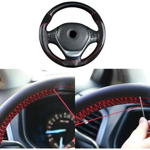 LEEPEE 38cm Car Steering Wheel Cover PU+Suede Leather Braid with Needles Thread Wear-resistant Anti-slip Car Interior