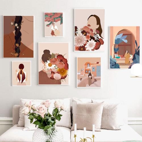 Fashion Vintage Girl Abstract Figure Wall Art Canvas Painting Nordic Posters and Prints Wall Pictures for Living Room Home Decor