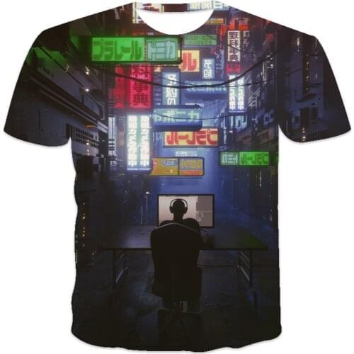 Summer new best-selling oversized loose O-neck mens T-shirt short-sleeved sci-fi world pattern printing
