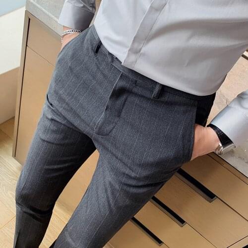 Mens striped pants 2021 new mens high-quality business slim trousers fashion casual formal wear groom wedding pants Size 28-42
