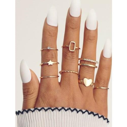 IPARAM Bohemia Vintage Gold Heart Star Geometric Joint Ring Set For Women Crystal Personality Design Ring Set Party Jewelry Gift