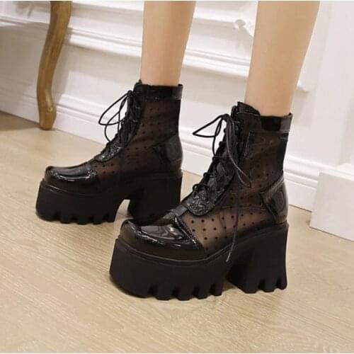 2021 summer new heightened cool boots breathable mesh hollow mesh boots all-match leather thick heel high-heeled ankle boots