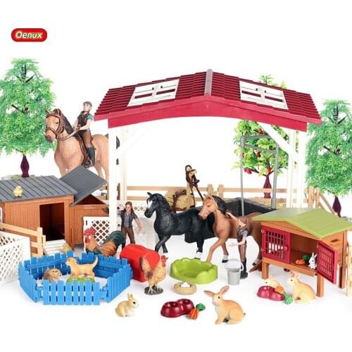 Oenux Zoo Farm Simulation Farmer Hen Horse Rabbit Hen Poultry Animals Model Action Figures PVC Lovely Educational Kids Toy Gift