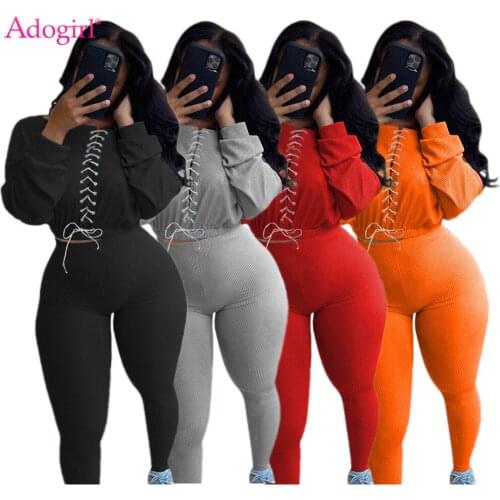 Adogirl Autumn Women Solid Two Piece Set Long Sleeve Grommet Tie Crop Top Bodycon Pants Tracksuit Casual Outdoor Streetshirt Set