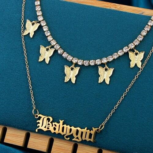 New Gold Silver Color Babygirl letters Pendant Necklace for Women Multi Layer Tennis Chain Butterfly Choker Necklace Jewelry