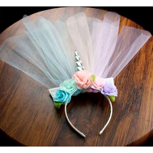 Unicorn Headband Girls Flowers Silver Unicorn Horn Glitter Ears With Long Tulle for Kids Unicorn Birthday Party Hair Accessories
