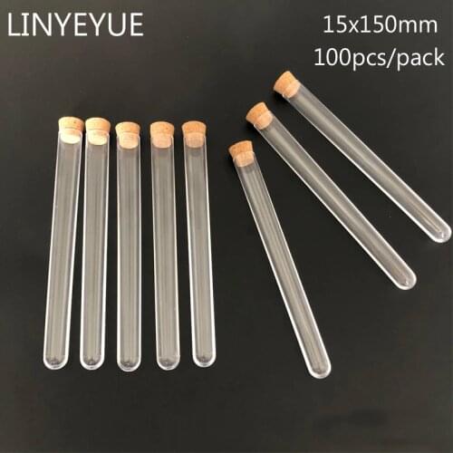 100pieces/pack 15*150mm Transparent Plastic test tube with Cork Stopper U-shape bottom Laboratory or Wedding favours Spice Tube