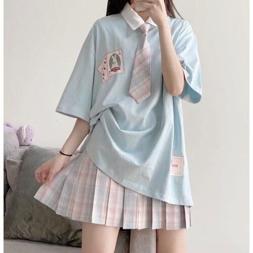 Blue Poker Rabbit Printed Polo Shirts Lolita Girls Cotton Tshirt Short Sleeve Kawaii Cute T-shirt Oversized Summer Tee Tops