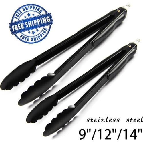 Stainless Steel Food Tong Black Non-Stick Kitchen Tongs Cooking Utensils Baking Bread Cake Salad Ice Food Tongs BBQ Accessories