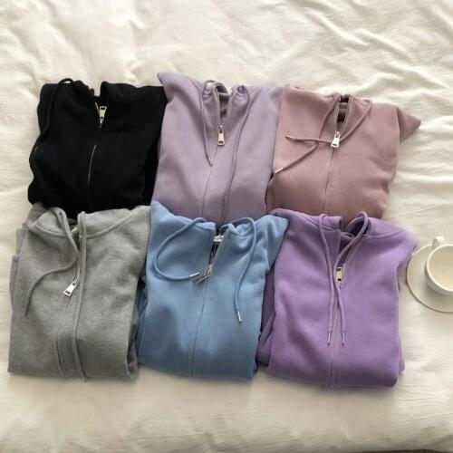 JESSIC Pure Color Hooded Sweater Women 2021 Spring And Autumn Loose Casual Mini Fleece Zipper Cardigan Jacket