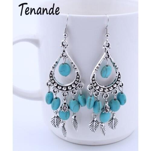 Tenande Bohemian Maxi Long Statement Leaves Tassel Earrings for Women Jewelry Hollow Natural Stone Beads Water Dangle Earrings