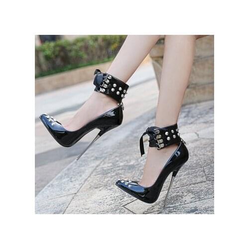 Fashio Shoes Woman Wedding Shoe Genuine 2019 Pumps Singles Spring Autumn Shoes Thin Heels 16cm Pointed Toe Strap Plus Size 35-44