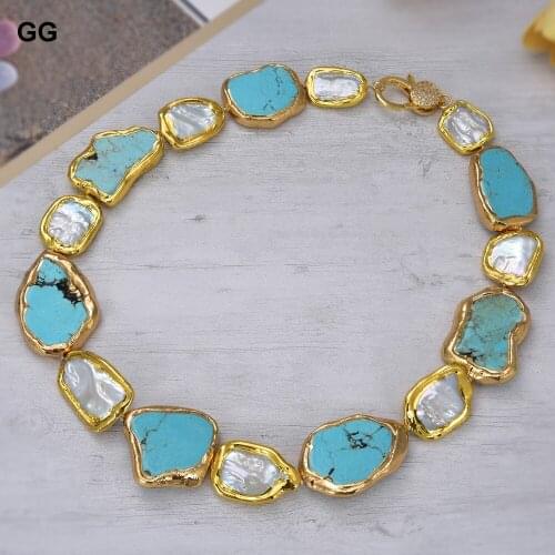 GuaiGuai Jewelry Cultured White Keshi Pearl Blue Turquoise With Gold Plated Necklace 20"