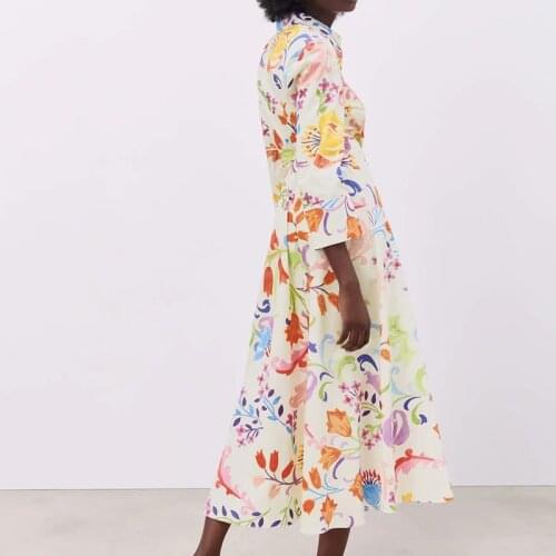 Za Fashion Women Geometry Print Shirt Style Dress with Slash Spring New Arrival Long Sleeve Ladies Midi Dress Vestidos OZZ1034