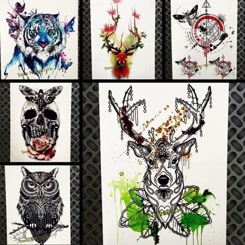 Green Water Color Temporary Tattoo Diamond Deer Horn Waterproof Fake Flash Tattoo Stickers 21*15CM Moose Antler Totem Tatoos