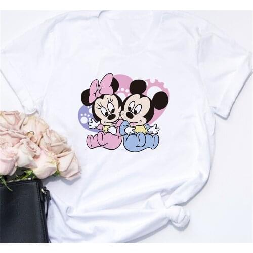 Disney Stylish Mickey Minnie Mouse Cartoon Print O-Neck Pullover Short Sleeve Women T-Shirt Loose Tops