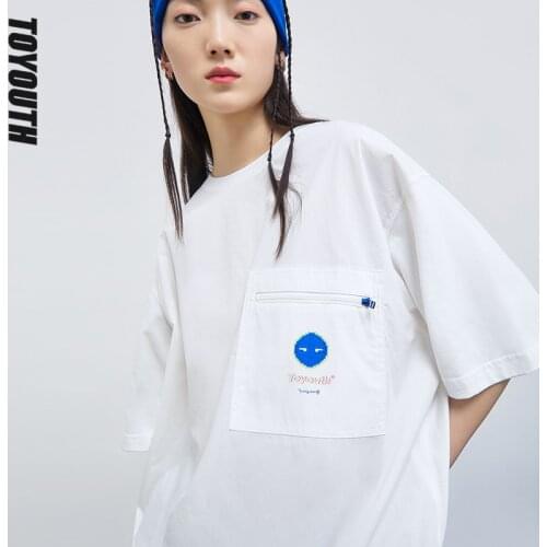 Toyouth Women Tees 2021 Summer Short Sleeve Round Neck Loose T-shirts White Orange Zipper Pocket Hem Drawstring Tops