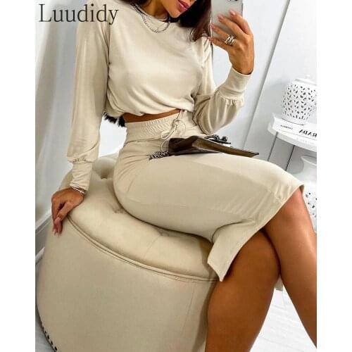 Women Long Sleeve Top & Drawstring Shirred Skirt Set