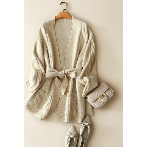 2021 winter new style 100% yak wool oversize cardigan women v neck long sleeve cable knitted warm coat with belt