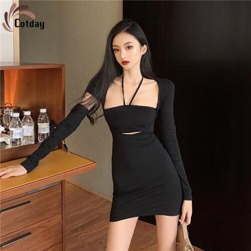 Cotday Full Sleeve Cultivate Ones Morality Show Thin Hang A Neck Women Hollow Out Black Neck Strap And Sexy Waist Hip Dress