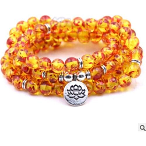 6mm flower amber Gemstone Mala Bracelet Lotus Pendant Cheaply Handmade Pray Bless Wrist Energy Elegant Natural Hot Yoga Cuff