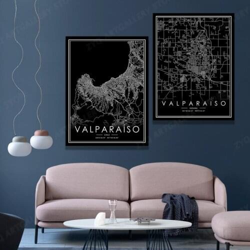 Black and White VALPARAISO World City Map Wall Art Canvas Posters Prints Nordic Style Paintings Picture for Living Room