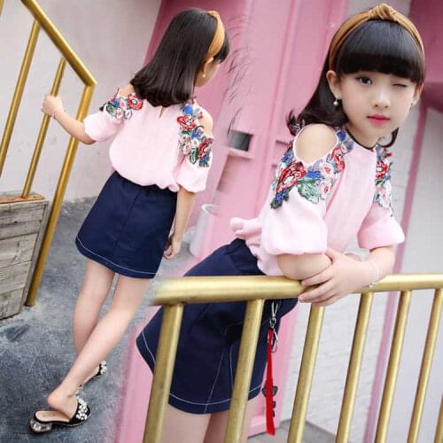 Childrens Wear National Style Girls Summer Wear Embroidery Sets 2018 New Childrens Short Sleeve Shirt +cowboy Skirt 4-12 Ages