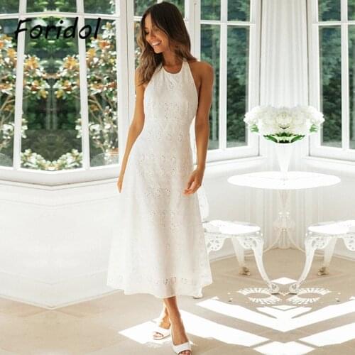 Foridol Elegant Backless White Lace Dress Women Casual Summer Beach Boho Dress Famale Long Sundress Vintage Vestidos De Mujer