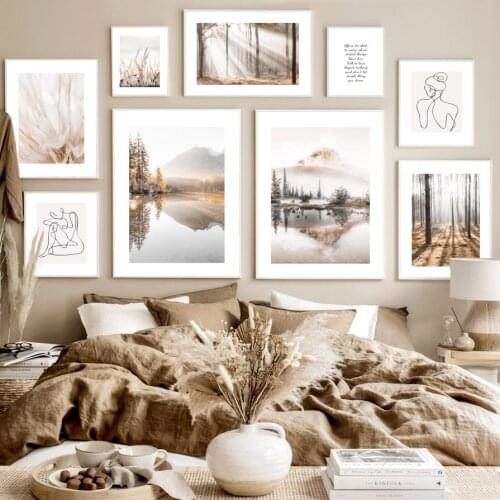 Mountain Lake Reed Forest Abstract Girl Art Canvas Painting Nordic Posters And Prints Autumn Wall Pictures For Living Room Decor
