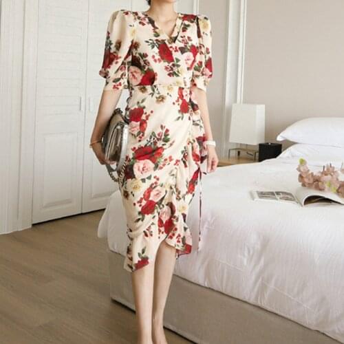 Fashion Summer Beach Midi Dress Ladies Elegant Vintage Sweet V-Neck Puff Sleeve Ruffled Belt Party Club Flower Print Wrap Dress