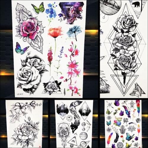 Fashion Sexy Watercolor Rose Flower Temporary Tattoo Sticker Flora Women Body Art Plum Blossom Waterproof Fake Men Black Tatoos