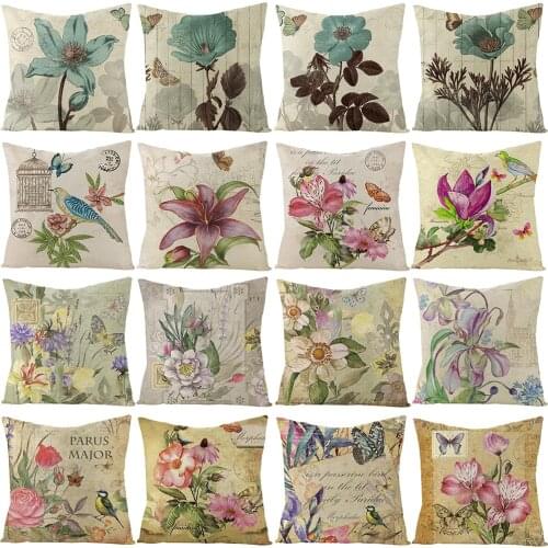 Retro Style Pillowcase Plant Flowers Birds Pattern Decorative Throw Pillows Linen Cushion Cover 45X45 Living Room Sofa Cushions