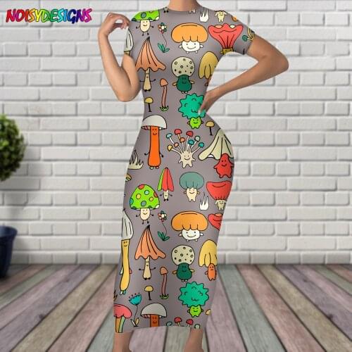 NOISYDESIGNS Colorful Mushroom Prints Grey Yellow Women Dress 2021 Summer New Ladies Dress Plus Size O Neck Short Sleeve Dresses