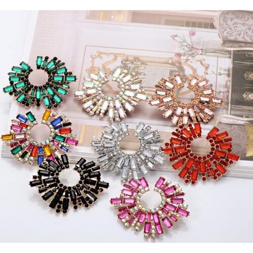 New Vintage Hollow Round Crystal Drop Dangle Earrings Trend Statement Rhinestone Ear Ring For Women Fashion Colorful Jewelry