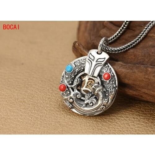 S925 sterling silver mens and womens necklace pendant fashion Thai silver hollowed safe buckle pendant inlaid lucky beast brav