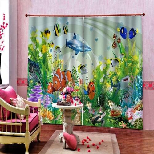 Custom Cartoon Marine Life Landscape Curtains Ocean Colorful Underwater World Window Drapes For Childrens room Indoor Decor