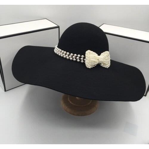 Big fedoras for women autumn the large French eaves wool gift hat Hepburn elegant black pearl wedding