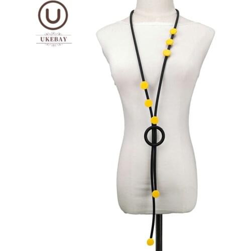 UKEBAY New Pendant Necklaces Women Long Necklace Wood Accessories Beads Jewelry Handmade Rubber Necklace Statement Sweater Chain