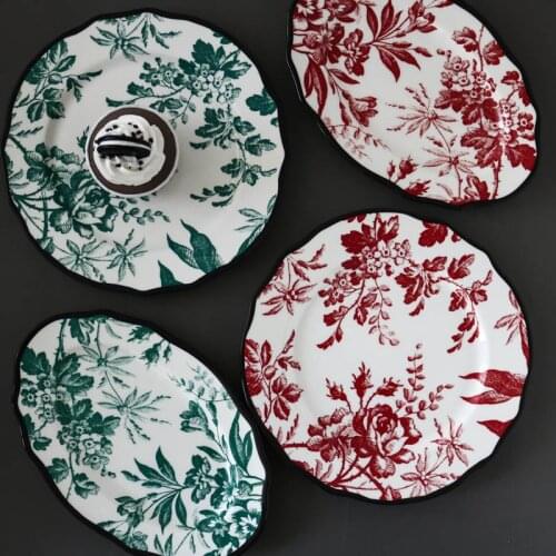 MIDOSHARK Vintage wax leaf print medieval style black-edged dinner plate serving platter