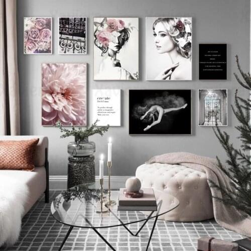 Vintage Nordic Posters And Prints Black Pink Rose Flower Girl Wrought Iron Gate Quote Canvas Painting Modern Wall Art Home Decor