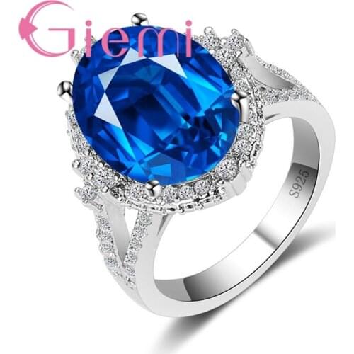 Top Quality Shiny Big Blue Zircon Rings Oval Shape 925 Sterling Silver Luxury Jewelry for Women Female Wedding Gift Bague