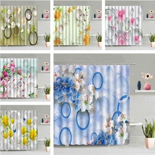 Plant Flower Butterfly Shower Curtain Circular Geometry Background Modern Hanging Curtains Waterproof Bathroom Screen Home Decor