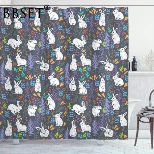 Rabbit Shower Curtain White Bunnies Among Leaves Branches Pattern Waterproof Multi-size Douchegordijn Kids Bathroom Decor