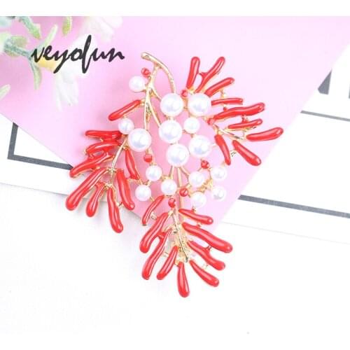 Veyofun Pearl Coral Enamel Brooch pin for Women Accessories Fashion Jewelry 2019 New