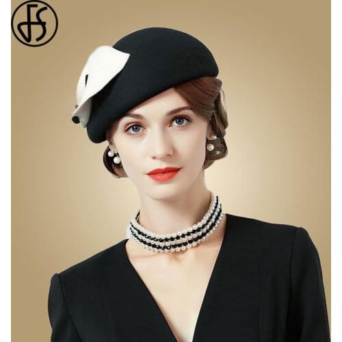 FS Elegant 100% Wool Fascinator Hat For Wedding Berets Women Fedora 2020 Black Church Hats Ladies Felt Flower Pillbox Hat Winter