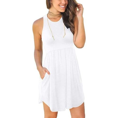 Women Dresses Summer 2021 Women Fashion Casual Comfy Sexy Solid White Color U-Neck Pocketed Sleeveless Mini Dress Sundress