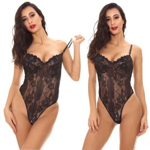 2019 New Sexy Lace Nightwear Bodysuits Women Sexy V-Neck Lace Sheer Black Red White Sleepwear Bodysuits
