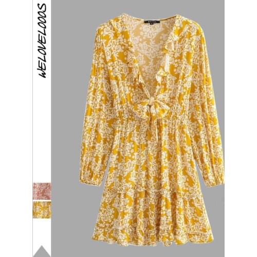 Vintage Floral Print Mini Dress Women Prairie Chic Deep V Neck Lantern Sleeve Beach Dresses Summer Casual Loose Robe Femme Dress
