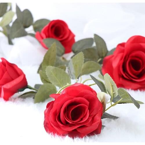 2M Artificial Red Rose Flower Ivy Vine Wedding Decor Real Touch Silk Flowers String With Leaves for Home Hanging Garland Decor